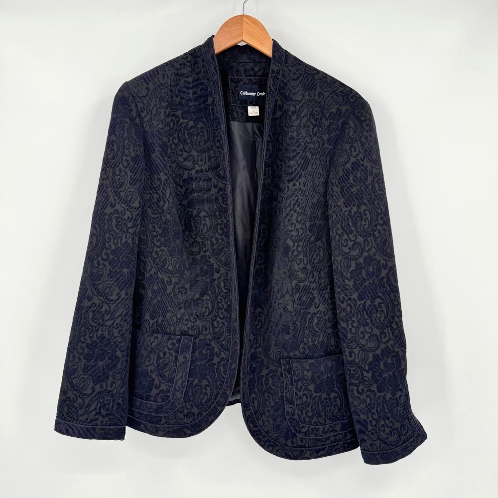 Coldwater Creek Navy Blue Damask Jacquard‎ Open Front Jacket Blazer Plus Size 1X
